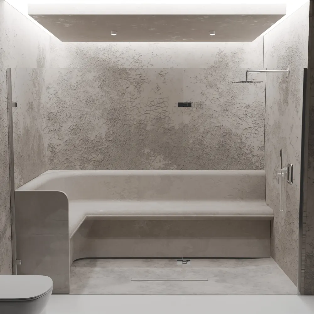 Walk-in microcement shower with a built-in bench and linear drain